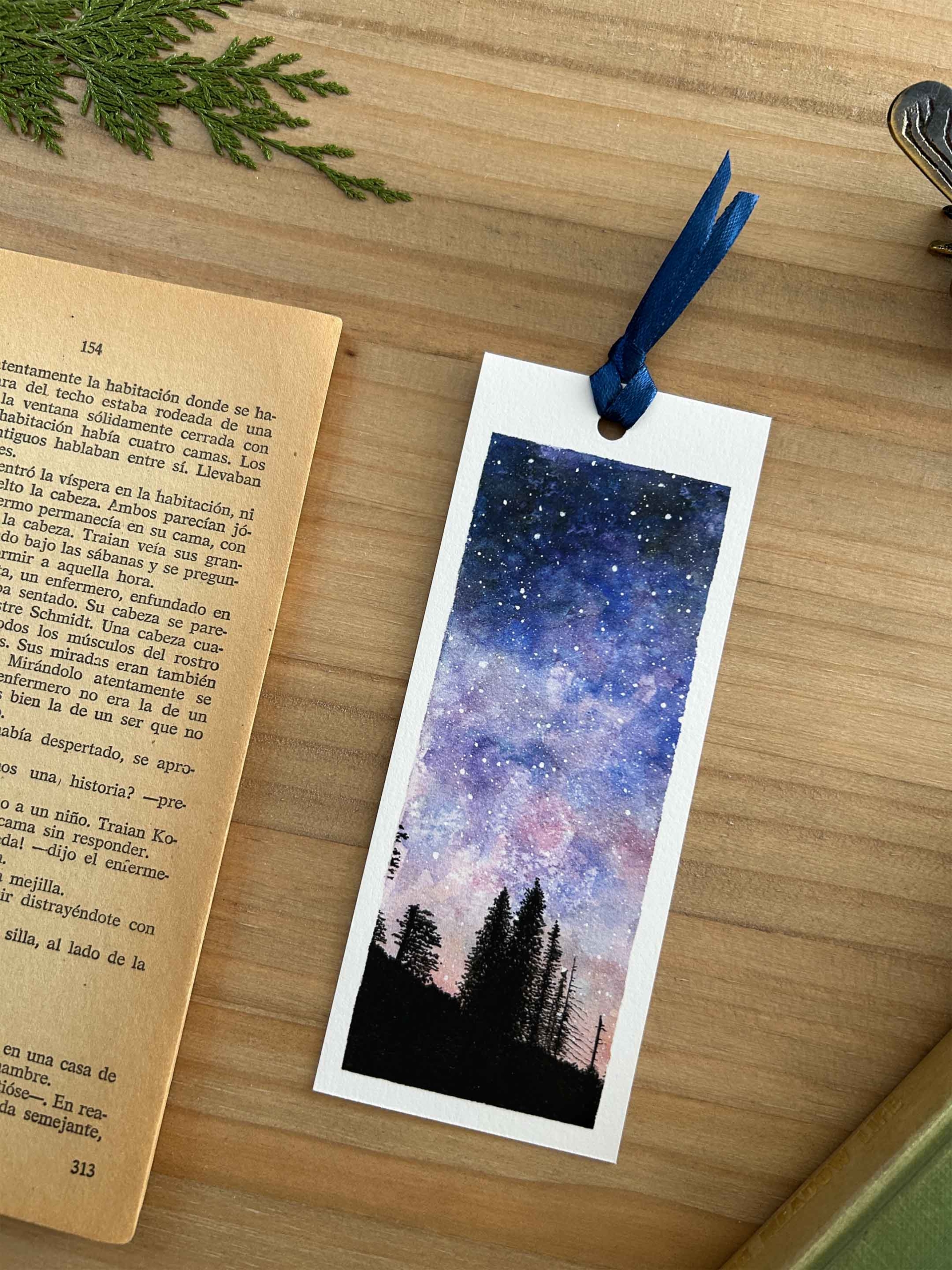 Cielo nocturno 4 Marcapáginas de noche con estrellas y lazo azul