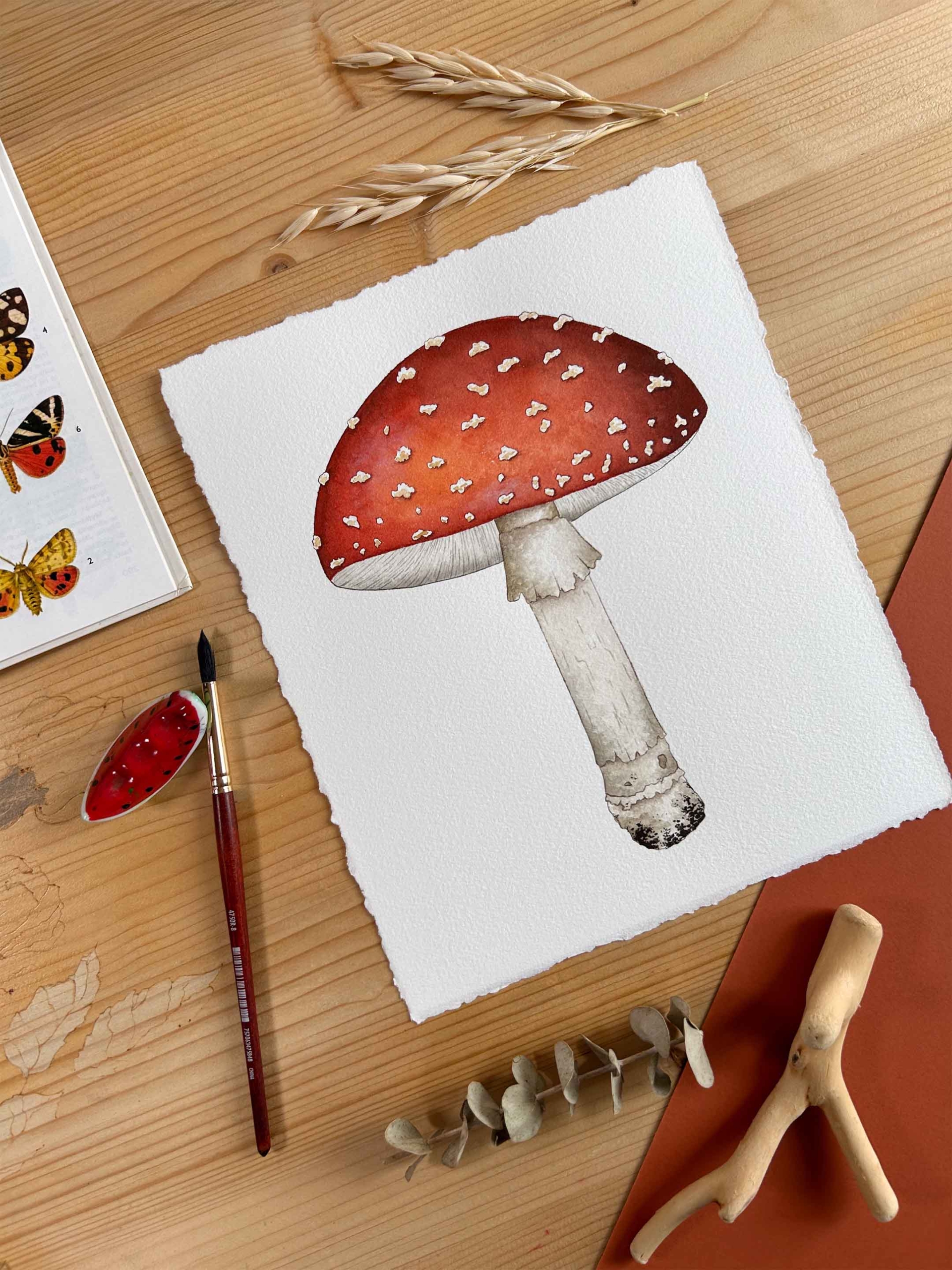 Amanita Muscaria original 2 pintura de seta roja venenosa en acuarela