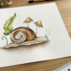 dibujo de caracol y setas hecho a mano en acuarela