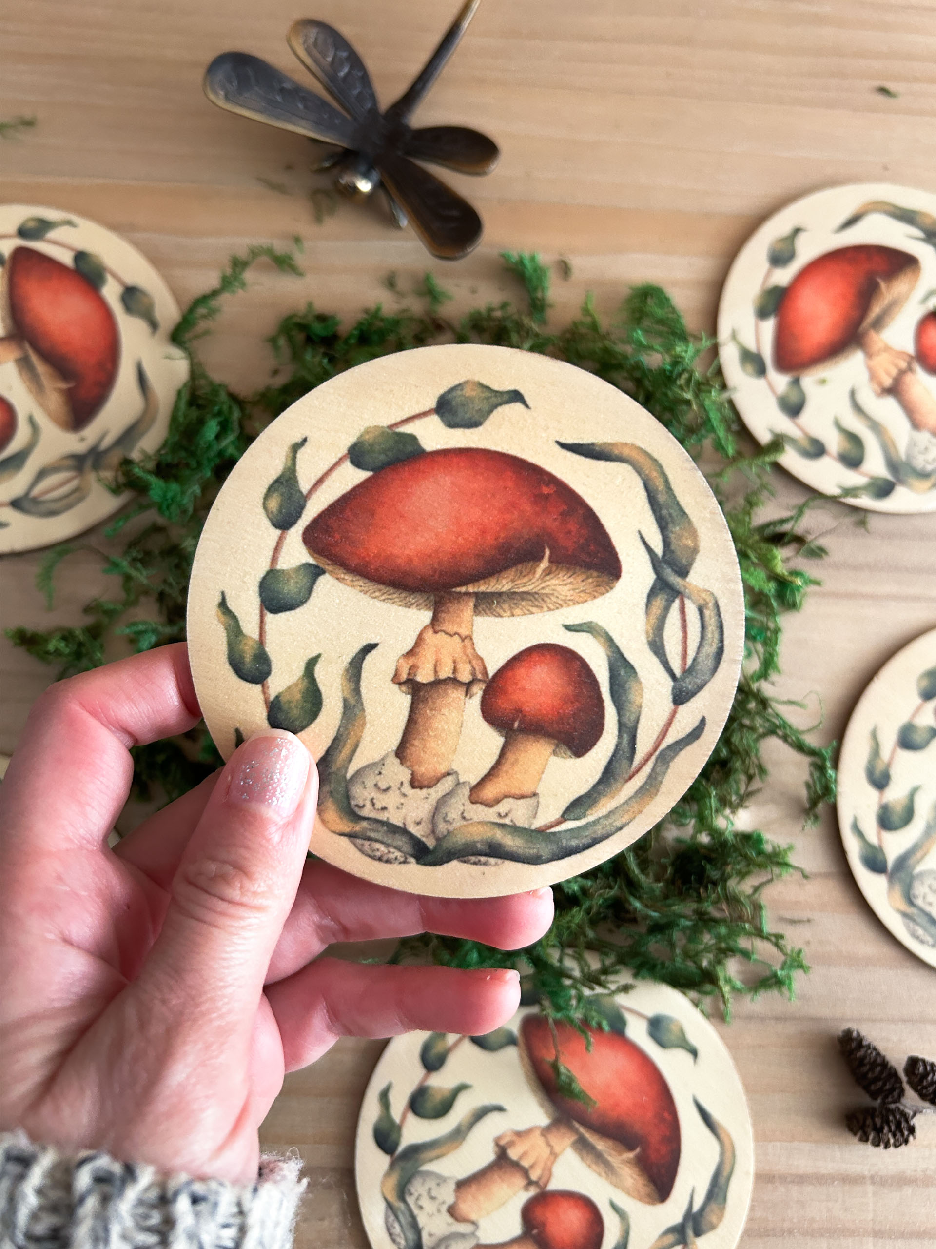 Seta del bosque 4 posavasos de madera hechos a mano